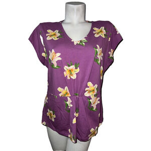 Denim & Co Top Womens Sz L Purple Floral V-neck Stretch Short Sleeve Shirt
